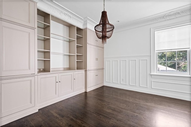 157 Waterman St Unit 2-5, Providence, RI 02906 - unfurnished dining area featuring a chandelier, crown molding, dark wood-style floors, and wainscoting