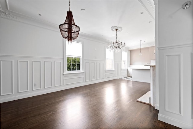 157 Waterman St Unit 2-5, Providence, RI 02906 - unfurnished living room featuring a decorative wall, a chandelier, wainscoting, dark wood-style flooring, and crown molding