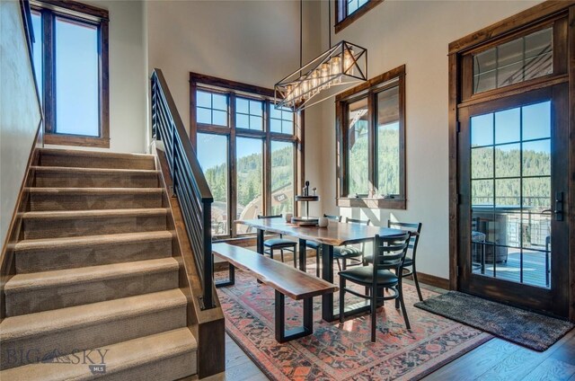 dining room featuring an inviting chandelier, a towering ceiling, and hardwood / wood-style flooring