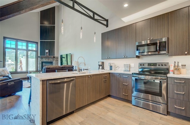 kitchen featuring sink, stainless steel appliances, a stone fireplace, kitchen peninsula, and light hardwood / wood-style floors