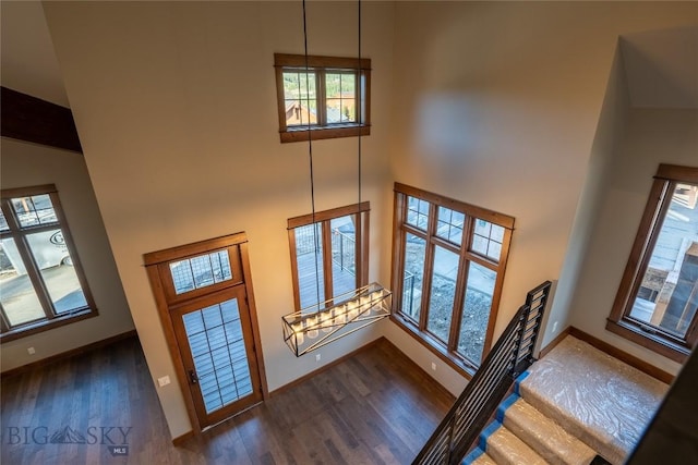 entrance foyer featuring a towering ceiling, dark wood-type flooring, and a healthy amount of sunlight