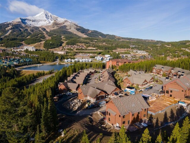 drone / aerial view with a water and mountain view