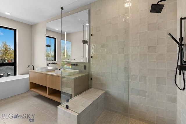 bathroom with plenty of natural light, a sink, a freestanding bath, and a walk in shower