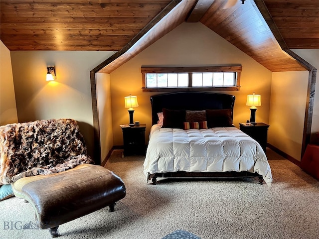 bedroom featuring carpet floors, wooden ceiling, and lofted ceiling