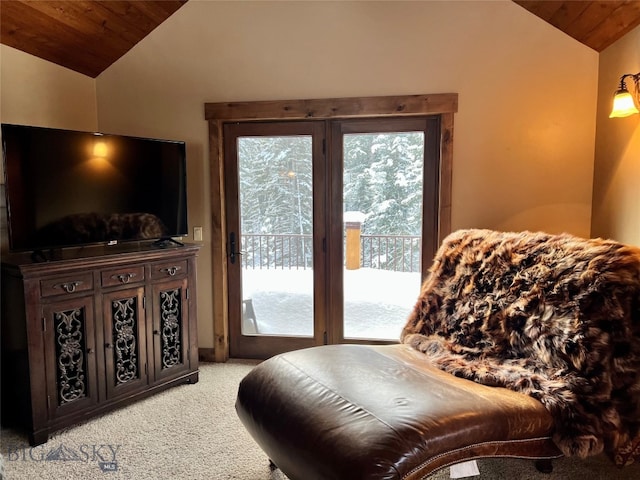 interior space featuring wooden ceiling and vaulted ceiling