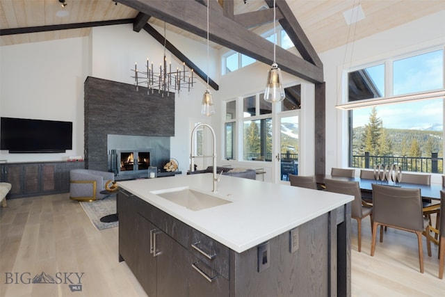 kitchen with a center island with sink, light hardwood / wood-style floors, sink, and high vaulted ceiling