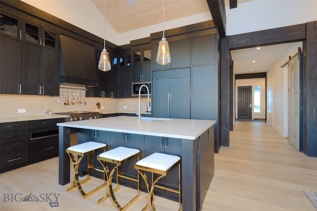 kitchen featuring custom range hood, vaulted ceiling, pendant lighting, a barn door, and a center island with sink