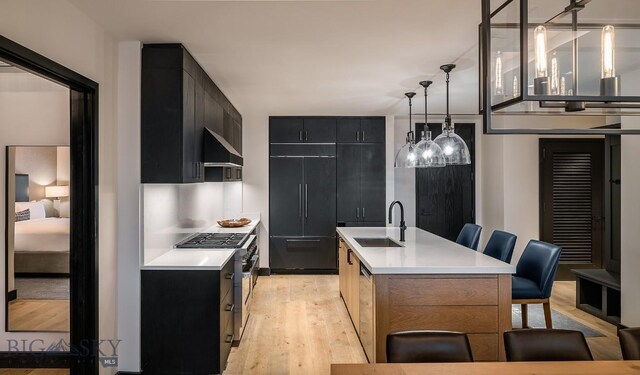 kitchen with high end appliances, an island with sink, a breakfast bar, light countertops, and a sink