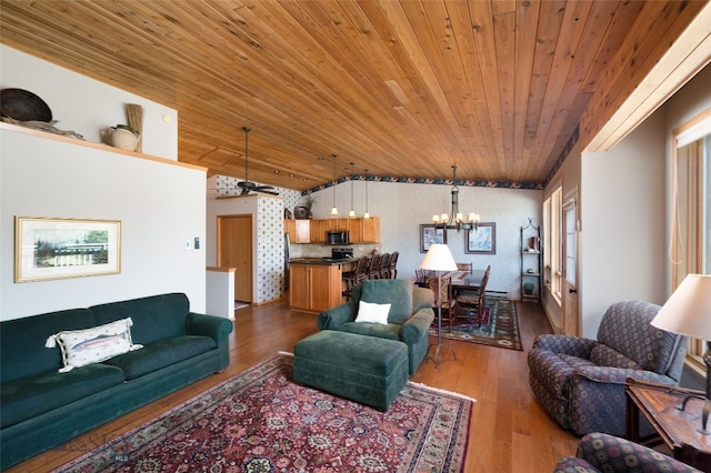 living room with wood ceiling, ceiling fan with notable chandelier, and dark hardwood / wood-style flooring