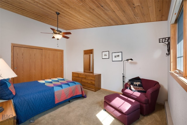 bedroom with light colored carpet, ceiling fan, wood ceiling, and a baseboard heating unit