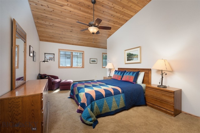 carpeted bedroom with ceiling fan, high vaulted ceiling, and wooden ceiling