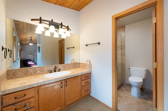 bathroom with tile floors, toilet, wood ceiling, and vanity