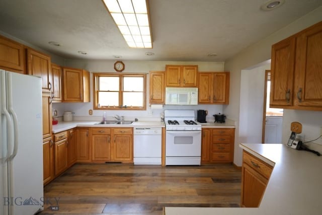 kitchen with white appliances, dark hardwood / wood-style floors, and sink