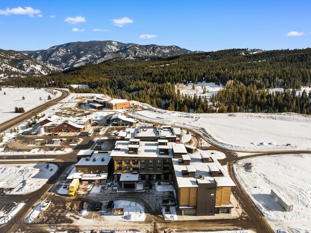 snowy aerial view with a mountain view