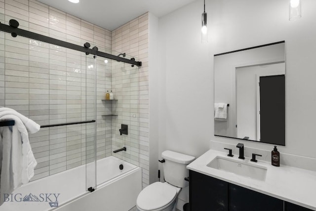 full bathroom with vanity, toilet, and enclosed tub / shower combo