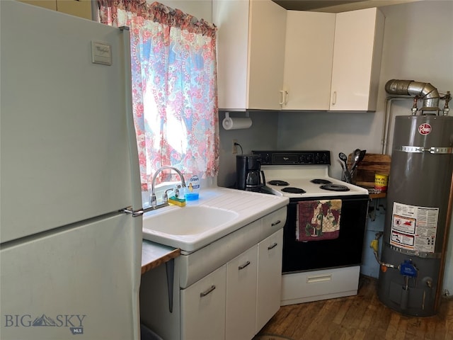 kitchen with wood-type flooring, white appliances, sink, white cabinetry, and secured water heater