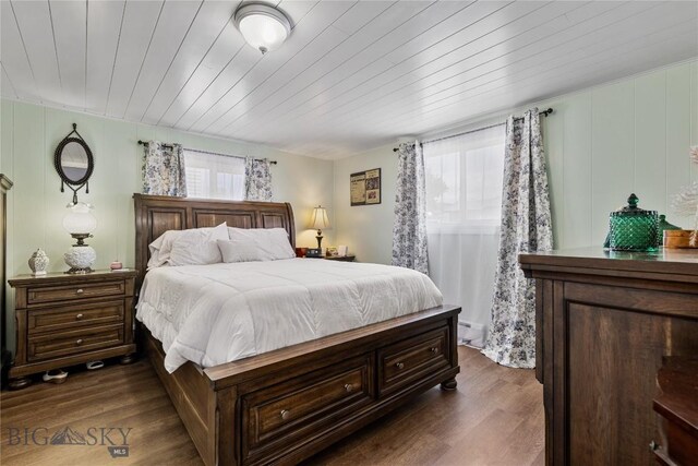 413 E 4th St, Anaconda, MT 59711 - bedroom with dark hardwood / wood-style floors and wooden ceiling