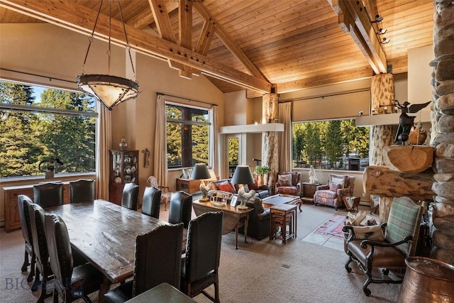 sunroom / solarium featuring plenty of natural light, wooden ceiling, and lofted ceiling with beams