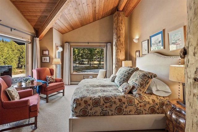 bedroom featuring a baseboard radiator, multiple windows, wood ceiling, and carpet flooring