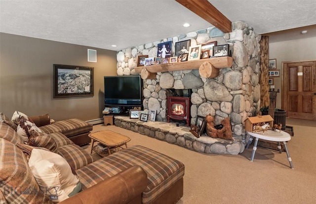 carpeted living room with visible vents, beam ceiling, recessed lighting, a textured ceiling, and a baseboard radiator