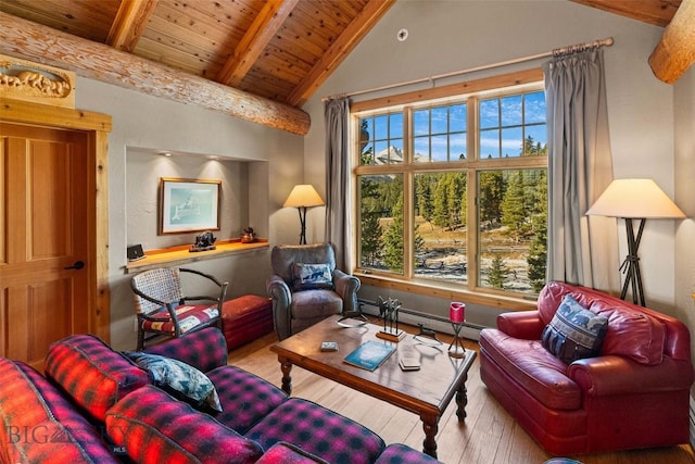 living area with lofted ceiling with beams, plenty of natural light, and wood finished floors