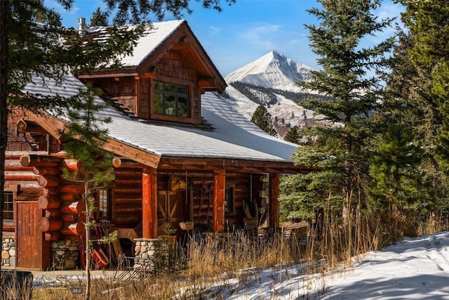 snow covered property featuring log siding and a mountain view