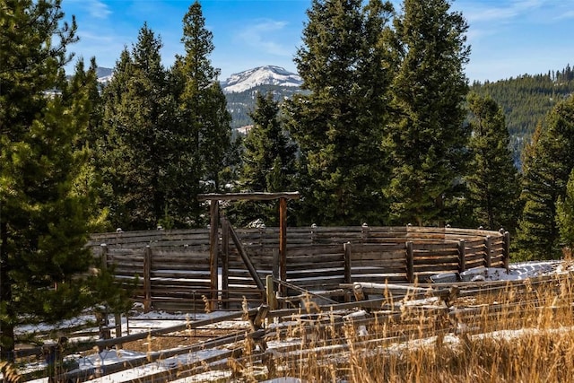 view of yard with a mountain view and fence