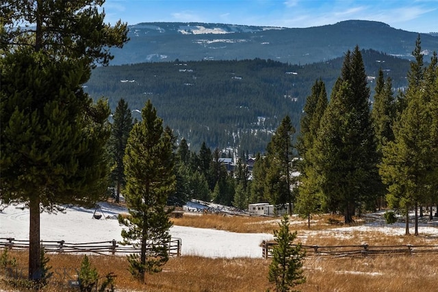 view of mountain feature with a forest view