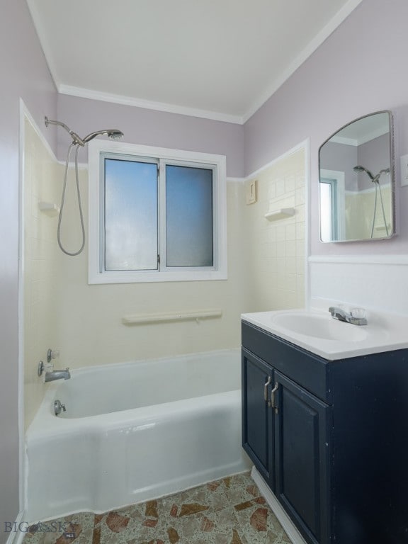 bathroom featuring bathing tub / shower combination, ornamental molding, tile floors, and vanity