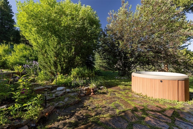 view of yard with a hot tub