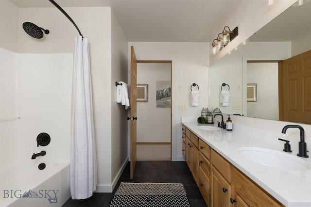 bathroom featuring shower / bath combination with curtain and vanity