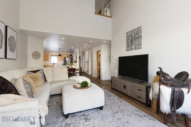 living room with dark wood-type flooring and a high ceiling