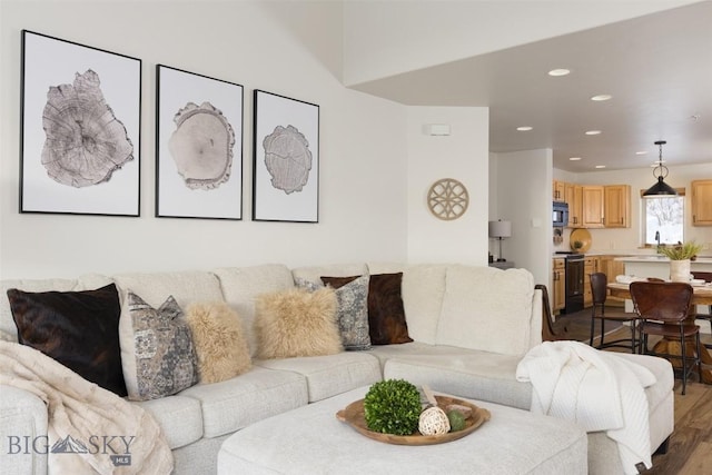 living area with recessed lighting and dark wood-style flooring