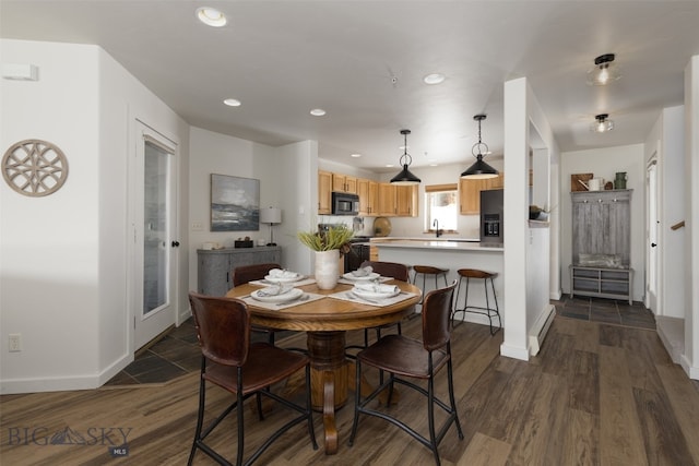 dining space with dark hardwood / wood-style floors, a baseboard radiator, and sink