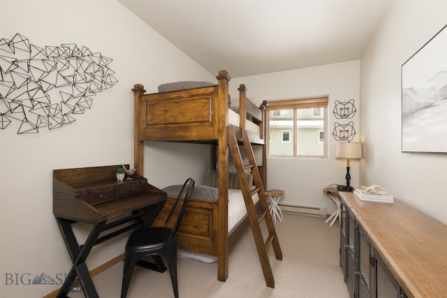 bedroom featuring light carpet and a baseboard radiator