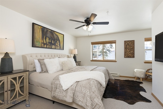 carpeted bedroom featuring ceiling fan and a baseboard radiator