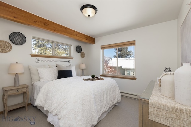 bedroom featuring carpet, baseboard heating, and multiple windows