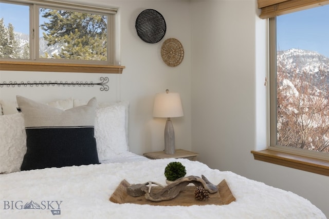 bedroom featuring a mountain view