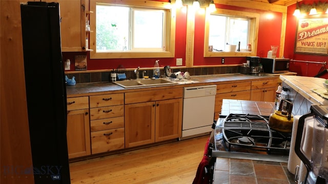 kitchen with a wealth of natural light, white dishwasher, and tile countertops