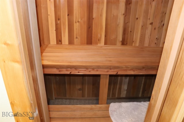 view of sauna featuring wood walls