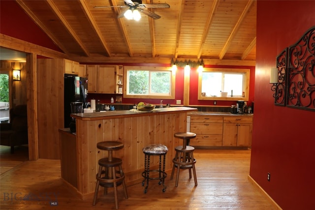 kitchen with light hardwood / wood-style flooring, plenty of natural light, kitchen peninsula, and a kitchen breakfast bar