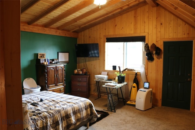 bedroom with wood walls, wood ceiling, lofted ceiling with beams, and light colored carpet