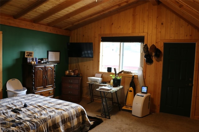 carpeted bedroom featuring wood walls, wood ceiling, and lofted ceiling with beams