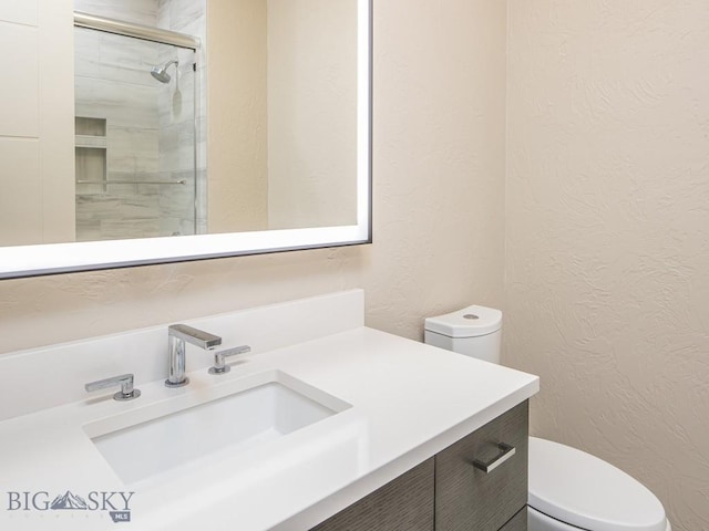 bathroom with vanity, a shower with shower door, and toilet