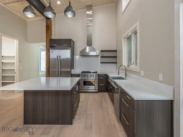 kitchen featuring premium appliances, sink, pendant lighting, light hardwood / wood-style flooring, and a center island