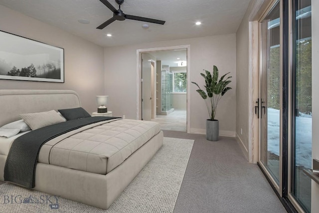 carpeted bedroom with access to outside, ceiling fan, and a textured ceiling