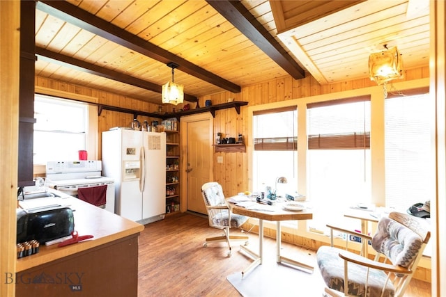 home office featuring wood walls, beam ceiling, wooden ceiling, dark hardwood / wood-style floors, and sink