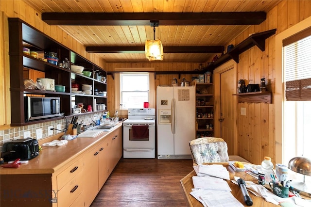 kitchen featuring wooden walls, white appliances, a wealth of natural light, and wooden ceiling