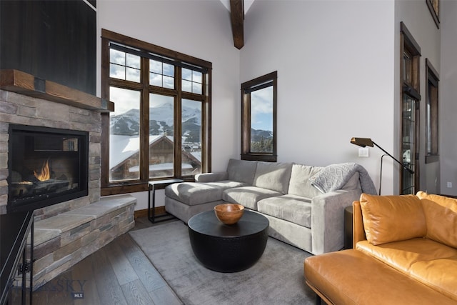 living room featuring a mountain view, a stone fireplace, a wealth of natural light, and hardwood / wood-style flooring