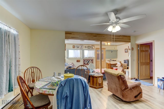 dining area with baseboard heating, light hardwood / wood-style floors, beamed ceiling, and ceiling fan